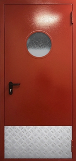 Стальная огнеустойчивая дверь с круглым стеклом и отбойником (порошковое покрытие красного цвета)