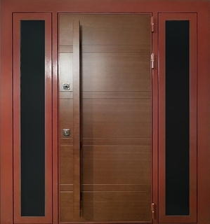 Входная группа с терморазрывом, с боковыми остекленными вставками и вертикальной ручкой (плита МДФ и порошковый окрас) Входная группа с терморазрывом, с боковыми остекленными вставками и вертикальной ручкой (плита МДФ и порошковый окрас)