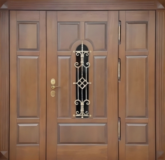 Входная группа со стеклом, терморазрывом и ковкой (отделка МДФ со шпоном) Входная группа со стеклом, терморазрывом и ковкой (отделка МДФ со шпоном)