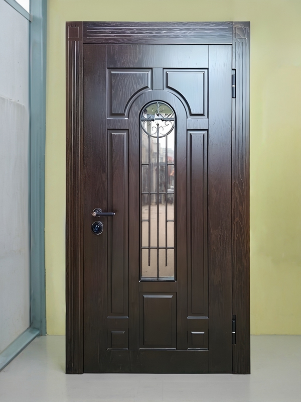 Дверь МДФ шпон (ковка + стекло)