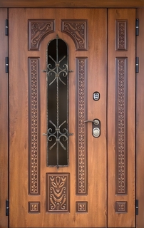 Полуторастворчатая остекленная дверь «термо» с накладной ковкой (панели МДФ)