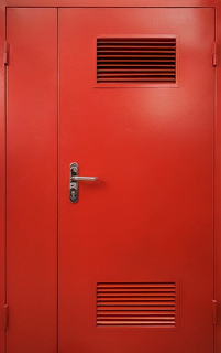 Стальная полуторная огнестойкая дверь красного цвета с жалюзийными вентиляционными решетками Стальная полуторная огнестойкая дверь красного цвета с жалюзийными вентиляционными решетками