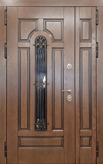 Стальная полуторная термодверь МДФ шпон с узкой решеткой и стеклопакетом Стальная полуторная термодверь МДФ шпон с узкой решеткой и стеклопакетом