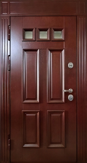 Металлическая термодверь с тремя стеклами и глухой вставкой сверху (МДФ шпон с багетной раскладкой)