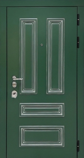 Стальная термодверь МДФ RAL зеленого цвета с патиной «серебро» Стальная термодверь МДФ RAL зеленого цвета с патиной «серебро»