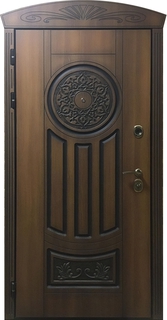 Стальная термодверь с фигурным наличником (МДФ шпон с патиной и фрезеровкой)