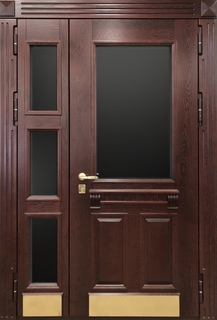 Полуторная утепленная термодверь с остеклением и отбойниками (МДФ шпон с багетом)
