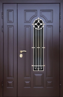 Полуторная «теплая» термодверь с остеклением и решеткой (отделка – панели МДФ) Полуторная «теплая» термодверь с остеклением и решеткой (отделка – панели МДФ)