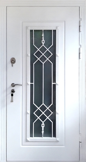 Уличная стальная термодверь с белым МДФ RAL, с решеткой и со стеклопакетом Уличная стальная термодверь с белым МДФ RAL, с решеткой и со стеклопакетом