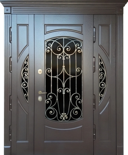 Парадная полуторная термодверь с карнизом, фигурными стеклами и решетками (МДФ шпон) Парадная полуторная термодверь с карнизом, фигурными стеклами и решетками (МДФ шпон)
