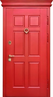 Утепленная термодверь с кнокером и карнизом (окрашенные панели МДФ RAL – белый и красный тон)