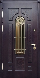 Входная остекленная термодверь с кованой решеткой и темными панелями МДФ Входная остекленная термодверь с кованой решеткой и темными панелями МДФ