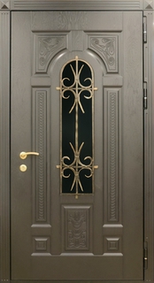 Входная непромерзающая термодверь с окном и ковкой (плиты МДФ)