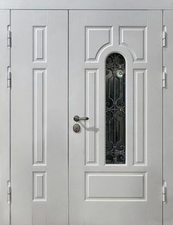 Входная полуторастворчатая термодверь с окном и решеткой (панели МДФ белого цвета) Входная полуторастворчатая термодверь с окном и решеткой (панели МДФ белого цвета)