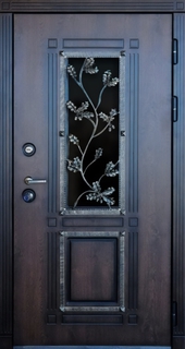 Стальная термодверь с остеклением и ковкой «листья дуба» (панели MDF) Стальная термодверь с остеклением и ковкой «листья дуба» (панели MDF)