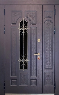 Металлическая полуторастворчатая термодверь с остеклением и решеткой (отделка – МДФ с рисунком)