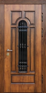 Металлическая термодверь с окном и кованой решеткой (панели МДФ со шпоном) Металлическая термодверь с окном и кованой решеткой (панели МДФ со шпоном)