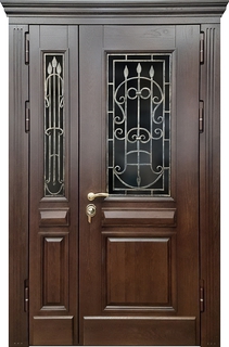 Металлическая полуторная термодверь с решетками, стеклами и карнизом (отделка – МДФ шпон с багетом) Металлическая полуторная термодверь с решетками, стеклами и карнизом (отделка – МДФ шпон с багетом)