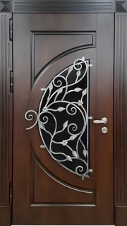 Металлическая термодверь с полукруглым стеклом и ковкой с растительным орнаментом (МДФ шпон)