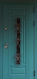 Стальная термодверь с узким стеклопакетом и накладной ковкой (отделка МДФ RAL зеленый и белый)