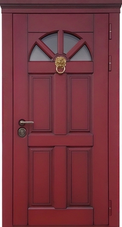 Стальная термодверь с полукруглым стеклом, кнокером и карнизом (МДФ RAL красный)