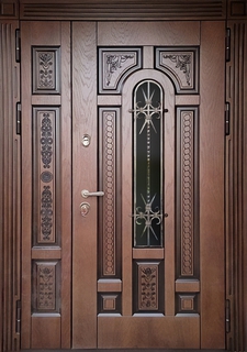 Полуторастворчатая стальная термодверь с узким стеклом, ковкой и отделкой МДФ шпон с патиной Полуторастворчатая стальная термодверь с узким стеклом, ковкой и отделкой МДФ шпон с патиной