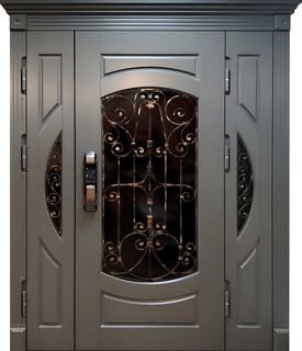 Парадная полуторная термодверь со стеклами, ковкой и электронным замком (отделка МДФ)