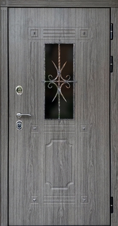 Металлическая термодверь с небольшим окном и решеткой (отделка МДФ ПВХ)