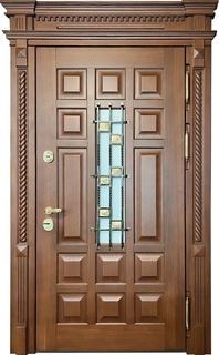 Парадная остекленная термодверь со шпонированными плитами МДФ, с ковкой, стеклом и карнизом Парадная остекленная термодверь со шпонированными плитами МДФ, с ковкой, стеклом и карнизом
