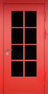Входная остекленная термодверь с красными панелями МДФ RAL