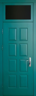 Зеленая металлическая дверь «термо» с остекленной фрамугой (МДФ RAL псевдофиленка) Зеленая металлическая дверь «термо» с остекленной фрамугой (МДФ RAL псевдофиленка)